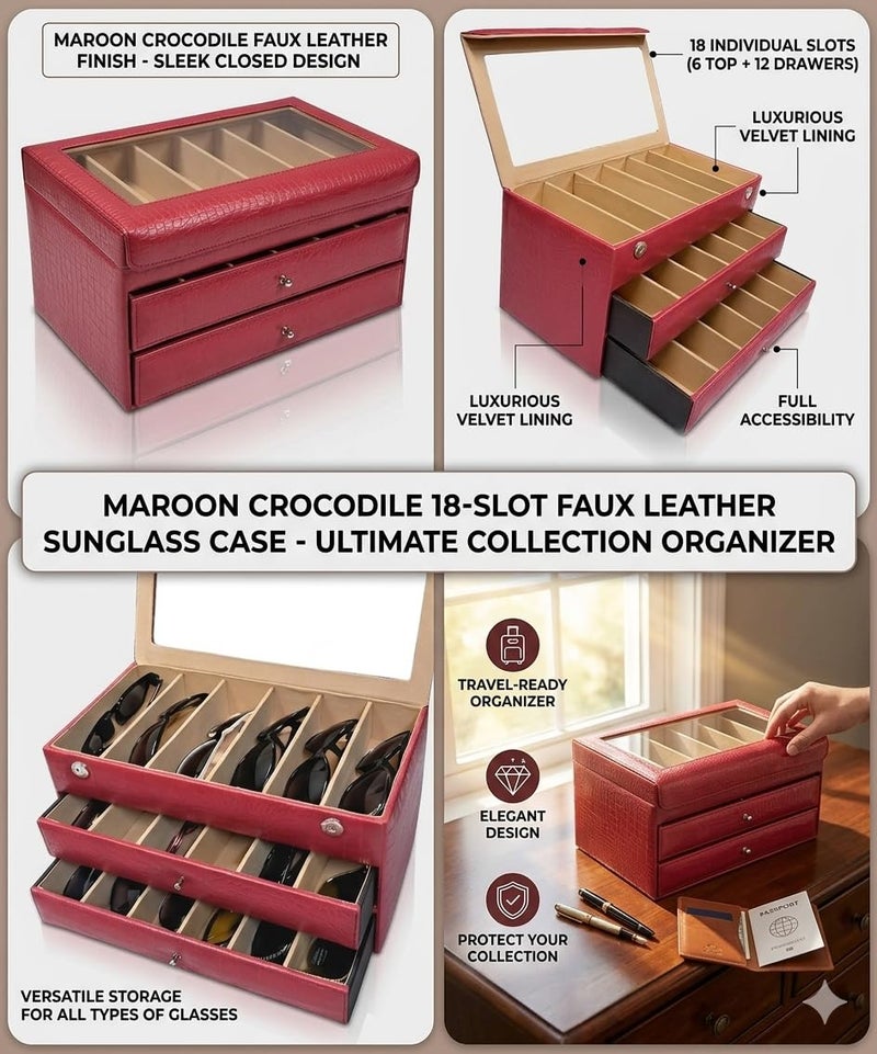 essart Faux Leather Croro-Finish-Print Sunglasses case Double Storey Magnetic Closure Sunglasses Box Organizer, Transparent lid Feature (SG-005-Maroon) - Image 2