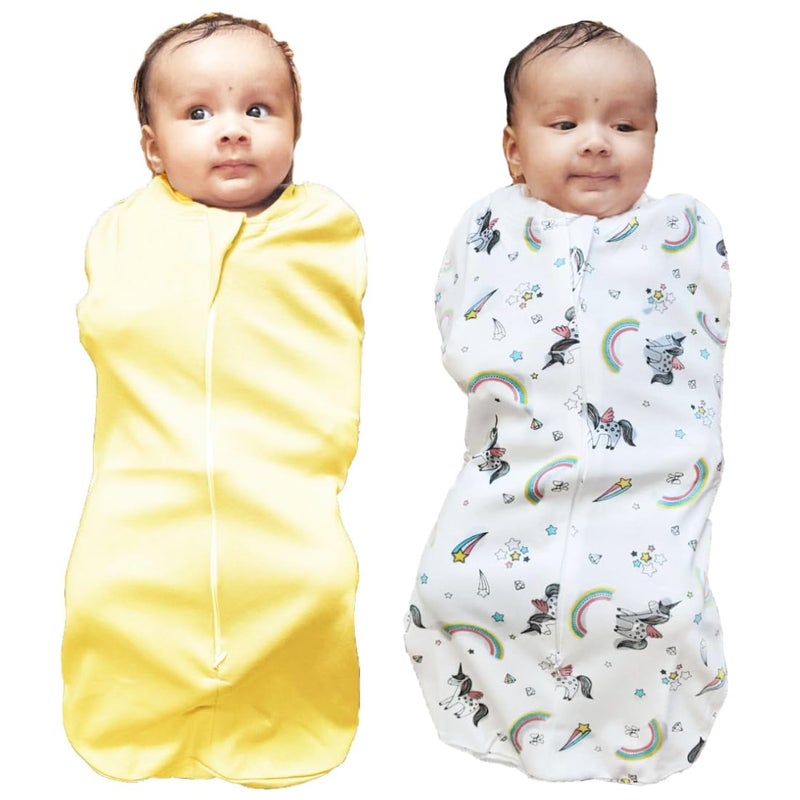 MammaChamp Zipper Swaddle Sleeping Sack Blankets Pod Wrap Bag New Born Baby for 03 Months Pack of 2 WhiteYellow - Image 1