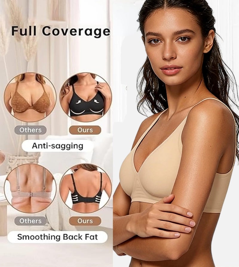 Dopheuor 2026 Women Jelly Seamless Wireless Push Up Bras Deep V No Underwire Supportive Everyday Bra Full Coverage Plunge Bralettes Beige - Image 4