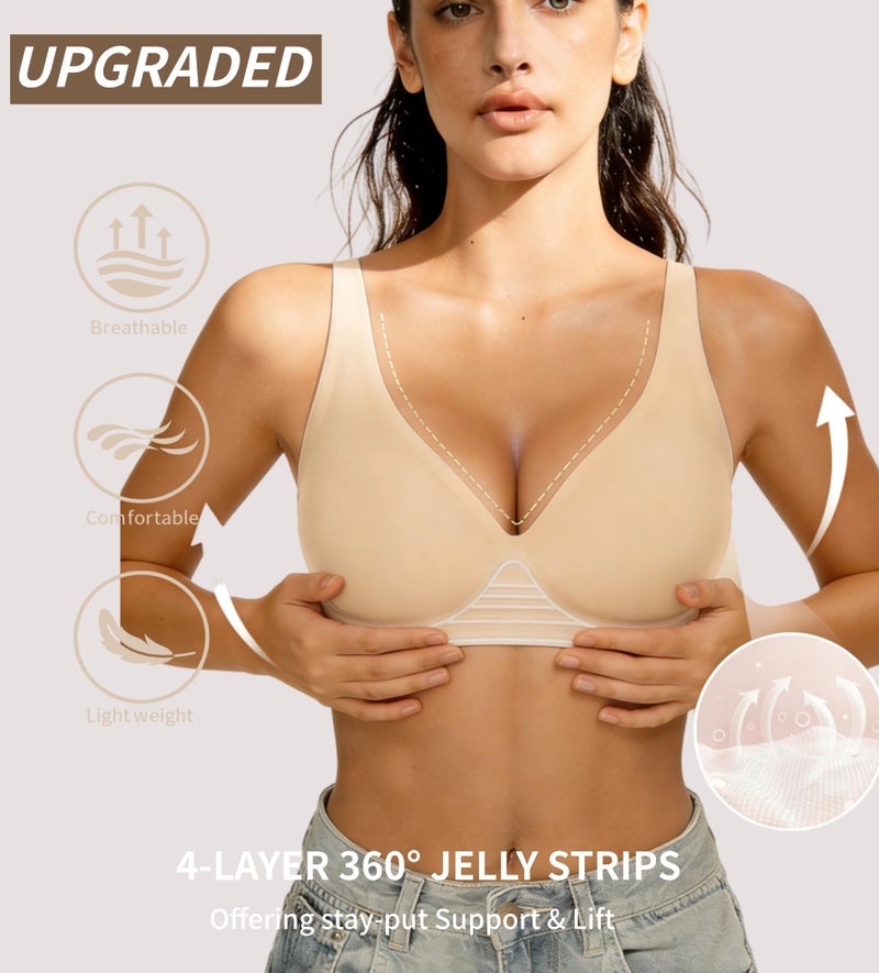 Dopheuor 2026 Women Jelly Seamless Wireless Push Up Bras Deep V No Underwire Supportive Everyday Bra Full Coverage Plunge Bralettes Beige - Image 2
