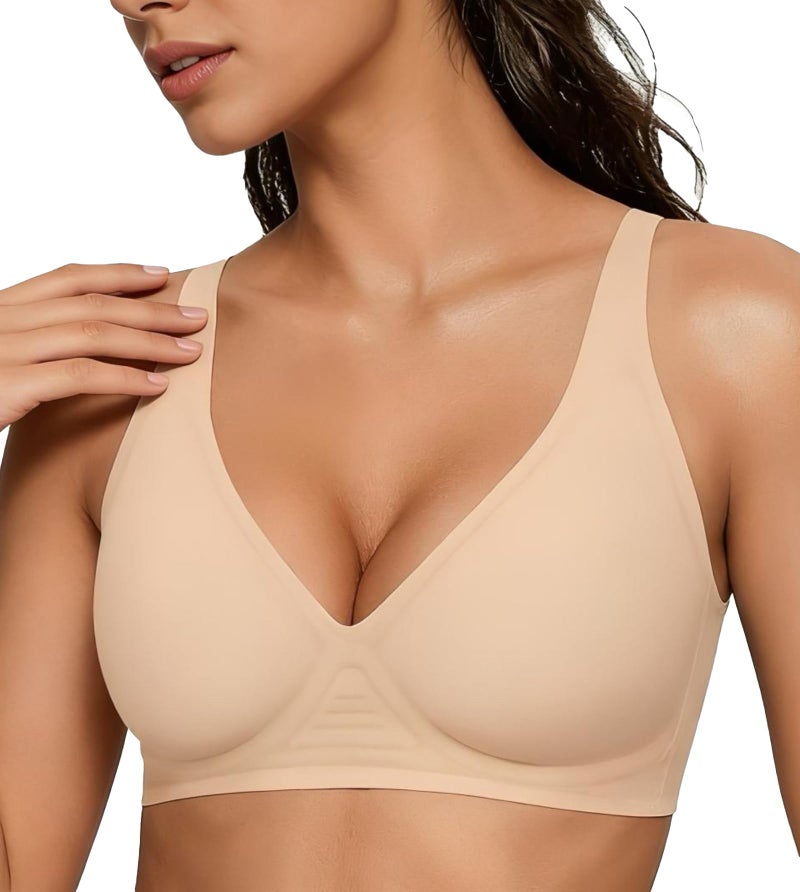 Dopheuor 2026 Women Jelly Seamless Wireless Push Up Bras Deep V No Underwire Supportive Everyday Bra Full Coverage Plunge Bralettes Beige - Image 1