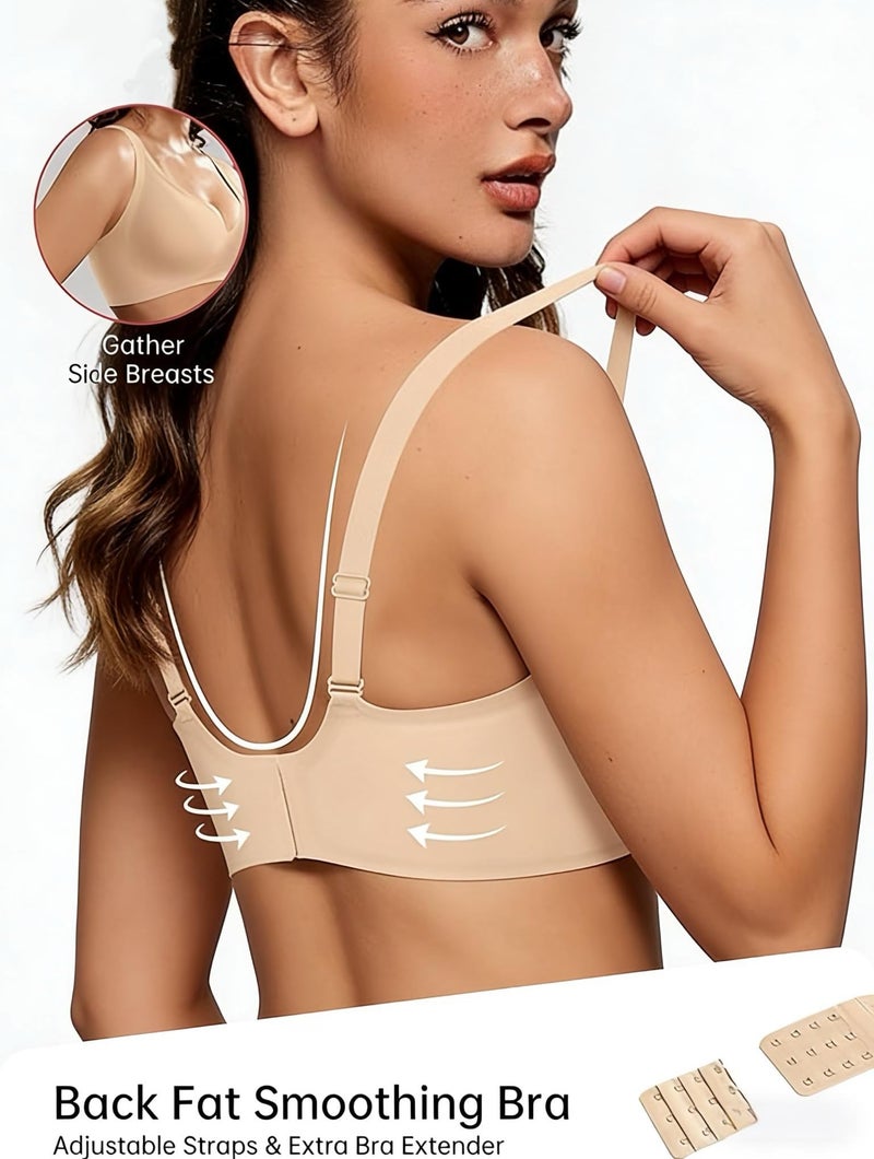 Dopheuor 2026 Women Jelly Seamless Wireless Push Up Bras Deep V No Underwire Supportive Everyday Bra Full Coverage Plunge Bralettes Beige - Image 3