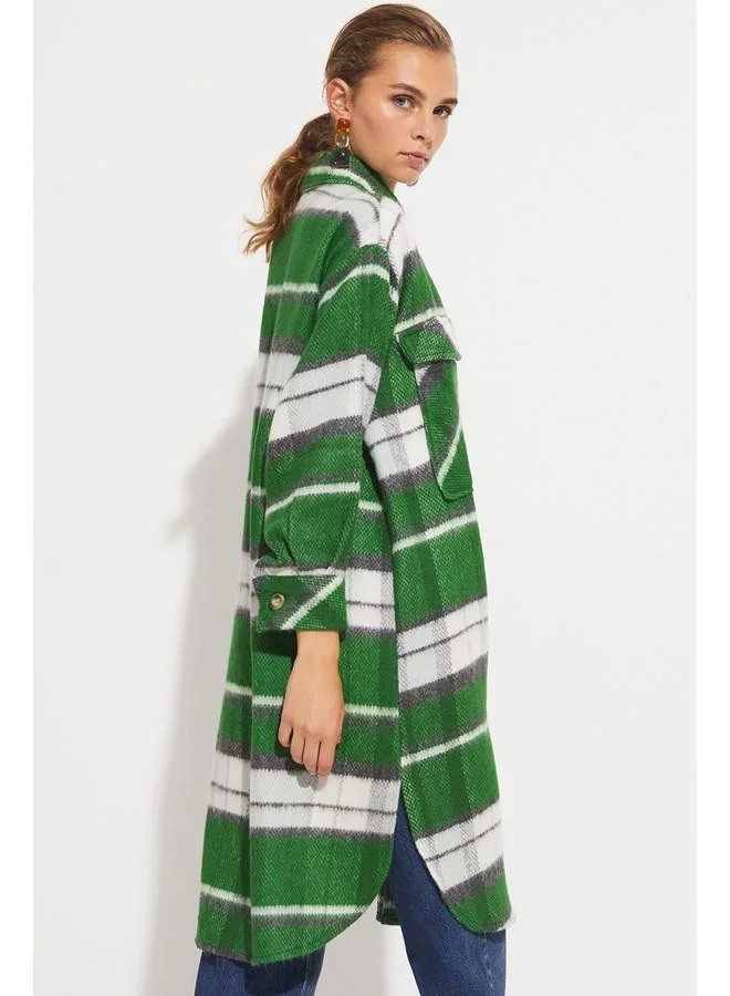 JUNE June Plaid Patterned Shirt Jacket Green