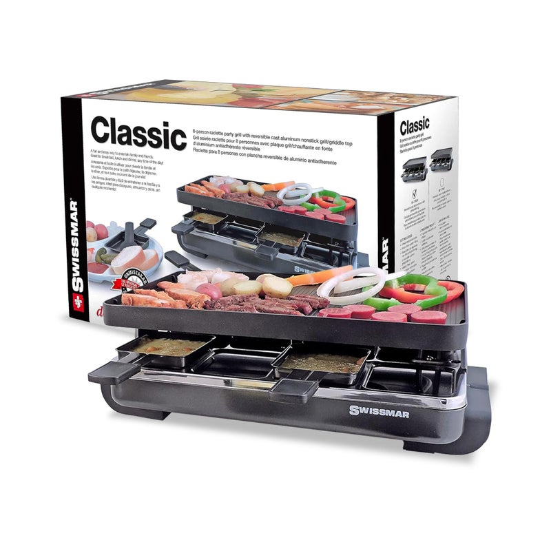 Swissmar Swissmar Classic 8Person Raclette Party Grill with Reversible Cast Aluminum NonStick Grill PlateCrepe Top Indoor Electric Raclette Grill  Griller  Black Grill Plate  Black 