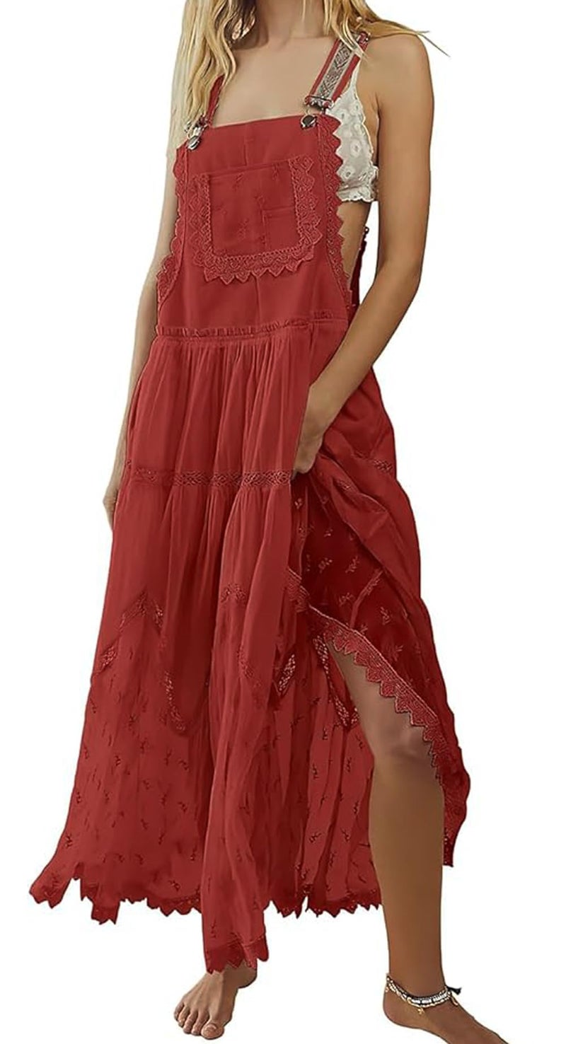 loveimgs Women's Casual Lace Embroidered Maxi Dress Adjustable Strap Pleated Tiered Swing Long Dress with Pockets (Small,Red) - Image 2