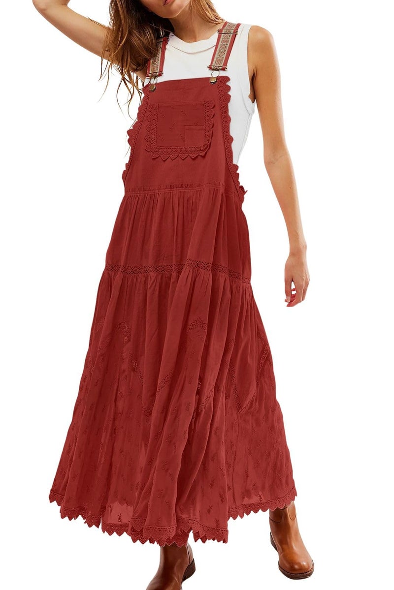 loveimgs Women's Casual Lace Embroidered Maxi Dress Adjustable Strap Pleated Tiered Swing Long Dress with Pockets (Small,Red) - Image 1