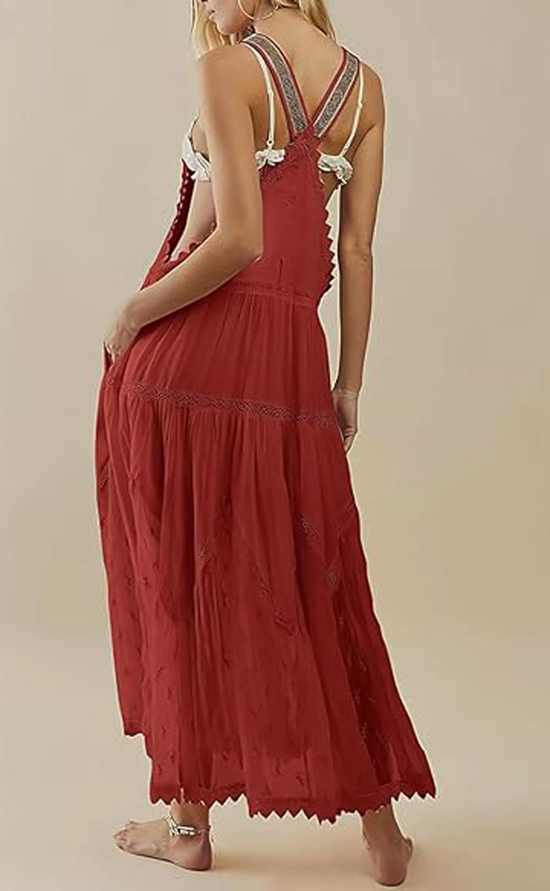 loveimgs Women's Casual Lace Embroidered Maxi Dress Adjustable Strap Pleated Tiered Swing Long Dress with Pockets (Small,Red) - Image 4