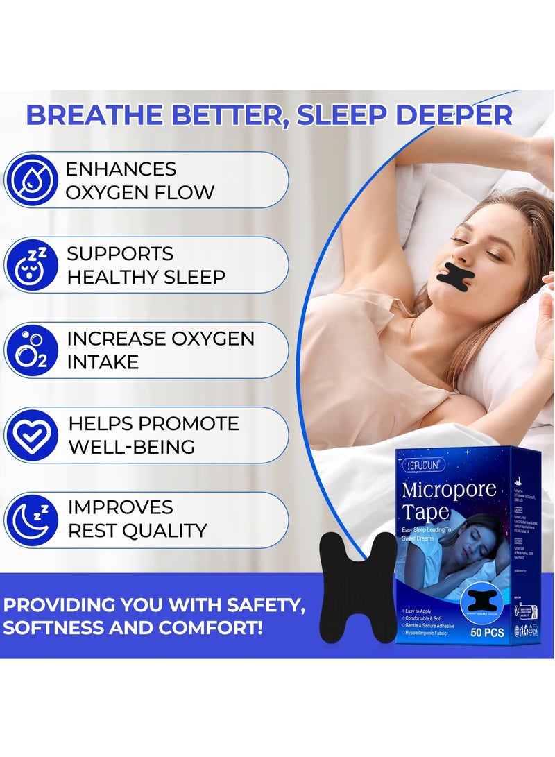 Sefudun 50 قطعة شريط ميكروبور لشريط الفم لشرائط النوم ناعمة ومريحة لاصقة لطيفة وآمنة لشرائط الفم للتنفس الأنفي مضادة للشخير لتحسين التنفس خالية من الروائح شريط النوم لشريط الفم أسود - Image 2