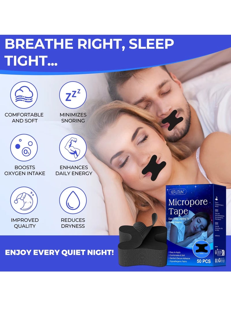 Sefudun 50 قطعة شريط ميكروبور لشريط الفم لشرائط النوم ناعمة ومريحة لاصقة لطيفة وآمنة لشرائط الفم للتنفس الأنفي مضادة للشخير لتحسين التنفس خالية من الروائح شريط النوم لشريط الفم أسود - Image 3