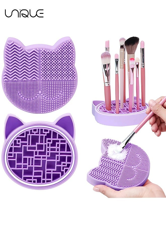 Unique 2 in 1 Design Makeup Brush Cleaning Mat with Brush Drying Holder, Silicon Cat Shaped Brush Cleaner Pad & Cosmetic Brush Organizer Rack, Portable Washing Tool for Makeup (Purple) - Image 1