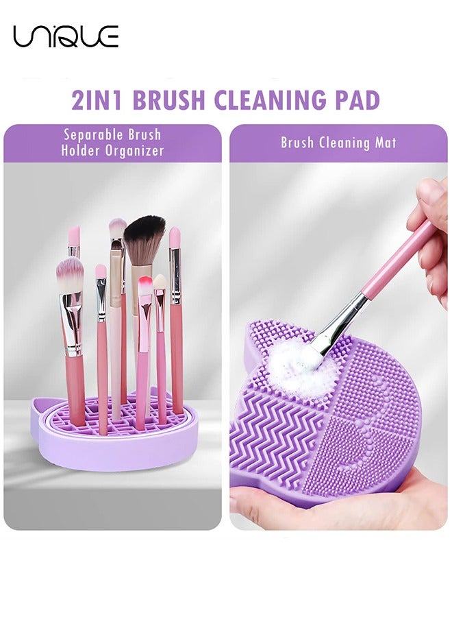 Unique 2 in 1 Design Makeup Brush Cleaning Mat with Brush Drying Holder, Silicon Cat Shaped Brush Cleaner Pad & Cosmetic Brush Organizer Rack, Portable Washing Tool for Makeup (Purple) - Image 5