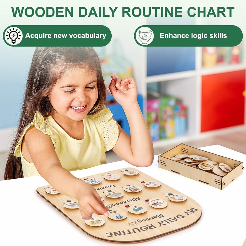 CQNET Daily Routine Chart for Kids, Wooden Visual Schedule, Toddlers Morning Bedtime Chore Chart, Child Responsibility Board, Daily Tasks, Birthday Gifts for Children 3-5 Year Old - Image 2
