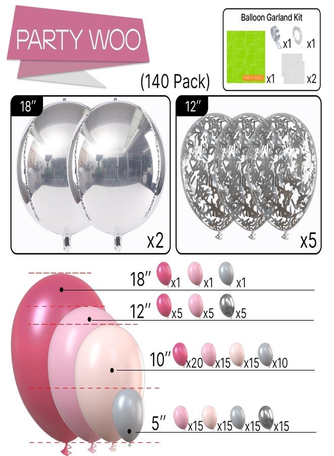 PartyWoo Pink Balloon Arch Kit Garland 142pcs Different Sizes of 18 12 10 5 Inch Magenta Fuchsia Light Baby Pastel Pale Pink Peach Gray Silver Balloons for Baby Shower Birthday Party Decorations - Image 2