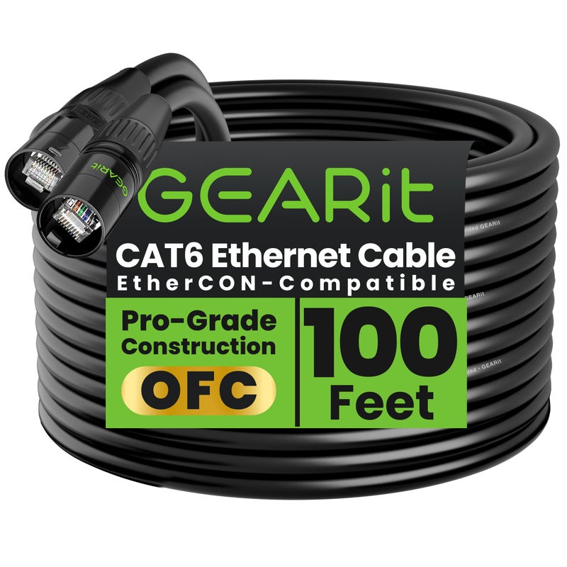 GEARit Shielded CAT6 Ethercon Cable (100 Feet) Professional Audio & Lighting RJ45 EtherCON-Compatible Cable for Studio, Stage, Concerts - 100ft Black - Image 1