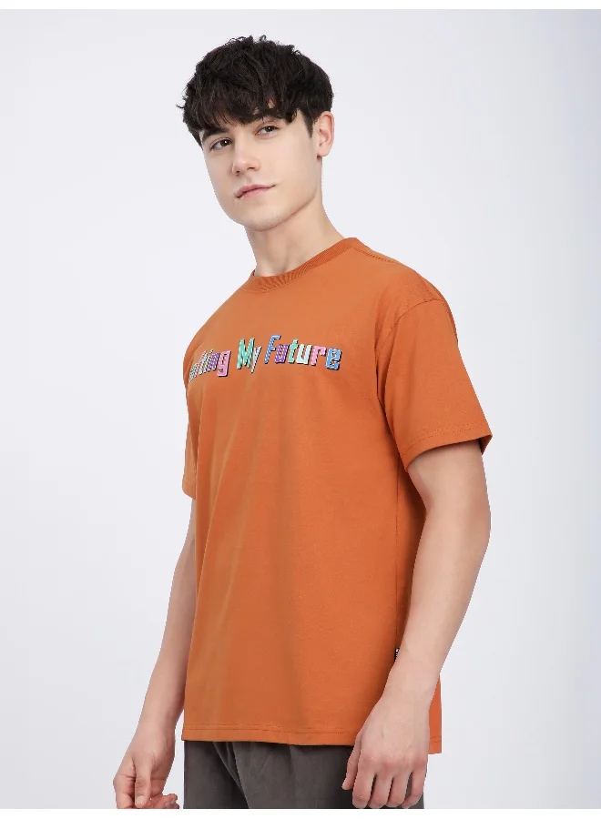 Beyoung Maple Orange Typography Printed Oversized T-Shirt