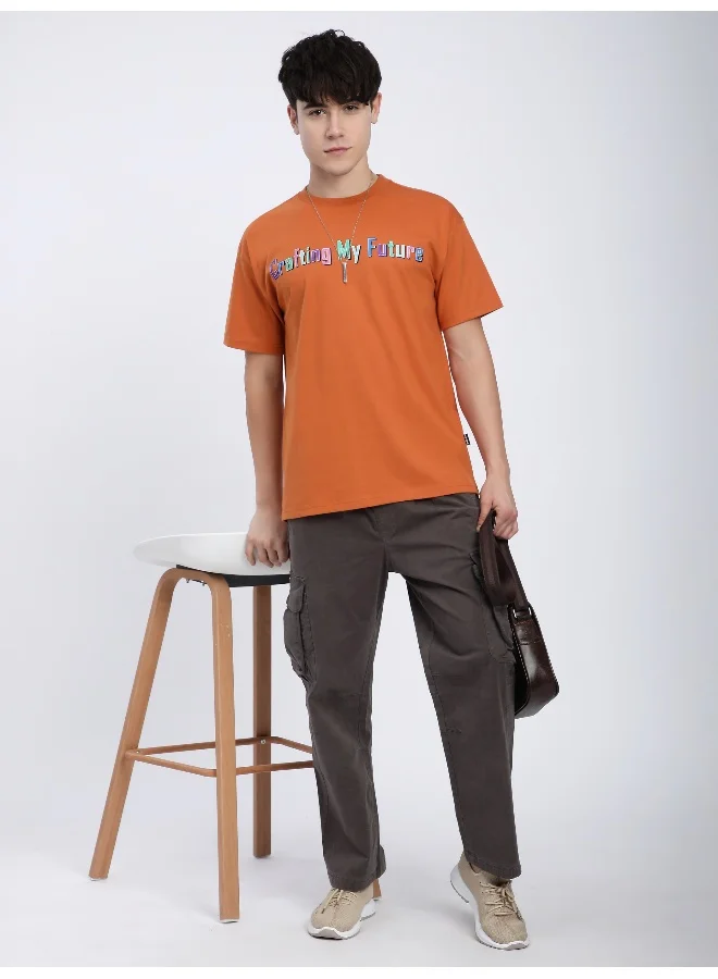 Beyoung Maple Orange Typography Printed Oversized T-Shirt