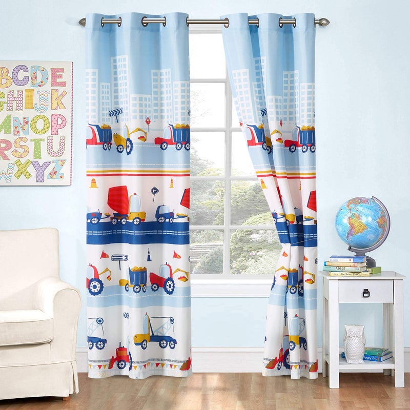 Kids Zone Home Linen 2 Panel Curtain Set with Grommet for Boys Girls Teens Bedroom Multicolor Set Construction Cranes Mobile Crane Cement Truck Tlb Blue White Red Yellow