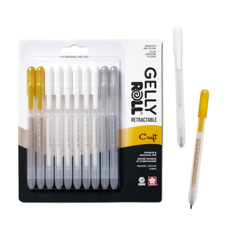 SAKURA Gelly Roll Retractable Gel Pens Colored - Opaque Color Set - Medium Point Ink Pen for Journaling, Art, or Drawing - Colored Gel Pens with White, Gold & Silver Ink - 10 Pack - Image 1