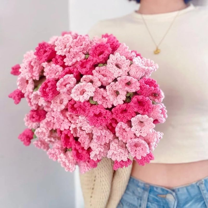 SLITHICE Handmade Crochet Flower Bouquet Blanket - 100% Acrylic Round Throw for Valentine's Day, Boho Home Decor (31/43/63, Rose/Lily/Sunflower)(Lily of The Valley(Mixed Pink), 31.5'') - Image 1