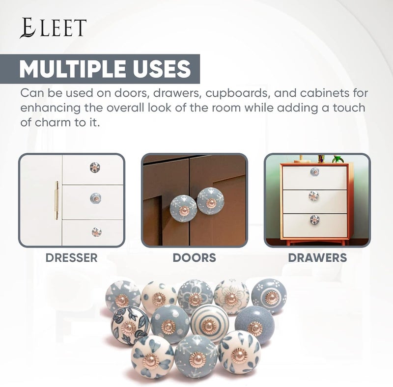 Eleet Assorted Ceramic Cabinet Knobs - Vintage Cabinet Cupboard Door & Drawer Pulls Chrome Hardware (Ceramic Knobs Set of 12, Grey & White) - Image 5