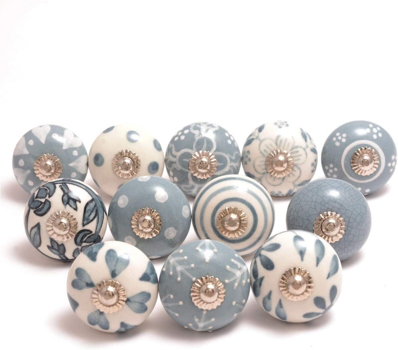 Eleet Assorted Ceramic Cabinet Knobs - Vintage Cabinet Cupboard Door & Drawer Pulls Chrome Hardware (Ceramic Knobs Set of 12, Grey & White) - Image 1