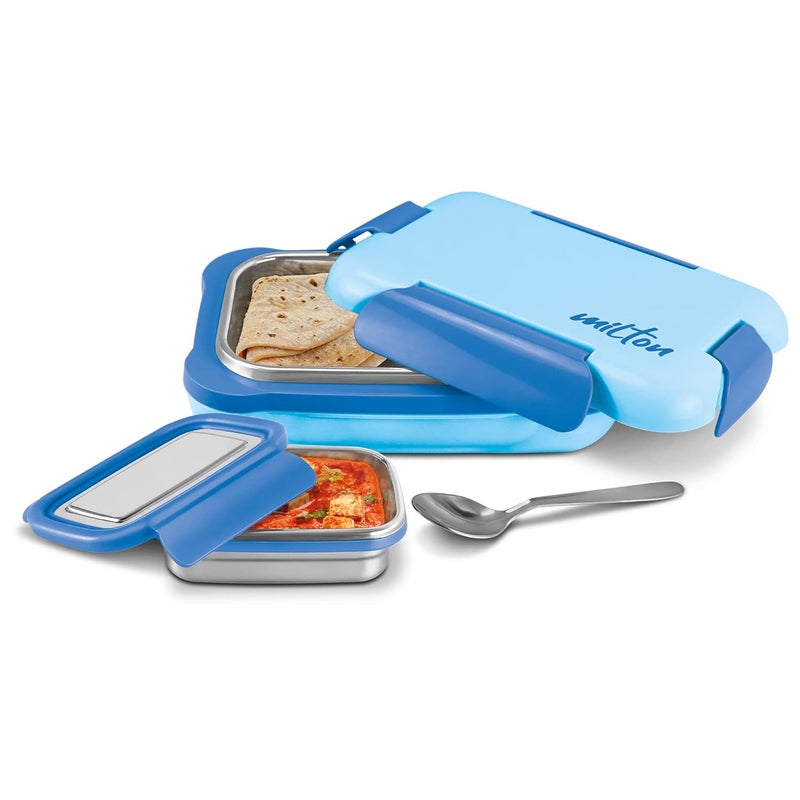 MILTON More Meal Large Steel Kids Lunch Box Inner Stainless Steel Insulated Containers with Clip Lock Lid 770ml 175 ml Airtight Leakproof for School Picnic Blue - Image 1