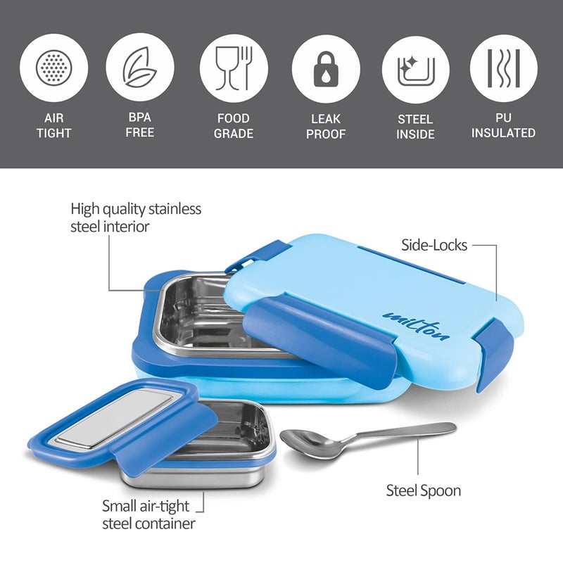 MILTON More Meal Large Steel Kids Lunch Box Inner Stainless Steel Insulated Containers with Clip Lock Lid 770ml 175 ml Airtight Leakproof for School Picnic Blue - Image 4