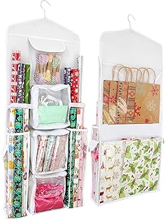 SumDirect White 16x40 Inch Double Sided Hanging Gift Wrap Organizer, Wrapping Paper Gift Bag Storage - Image 1
