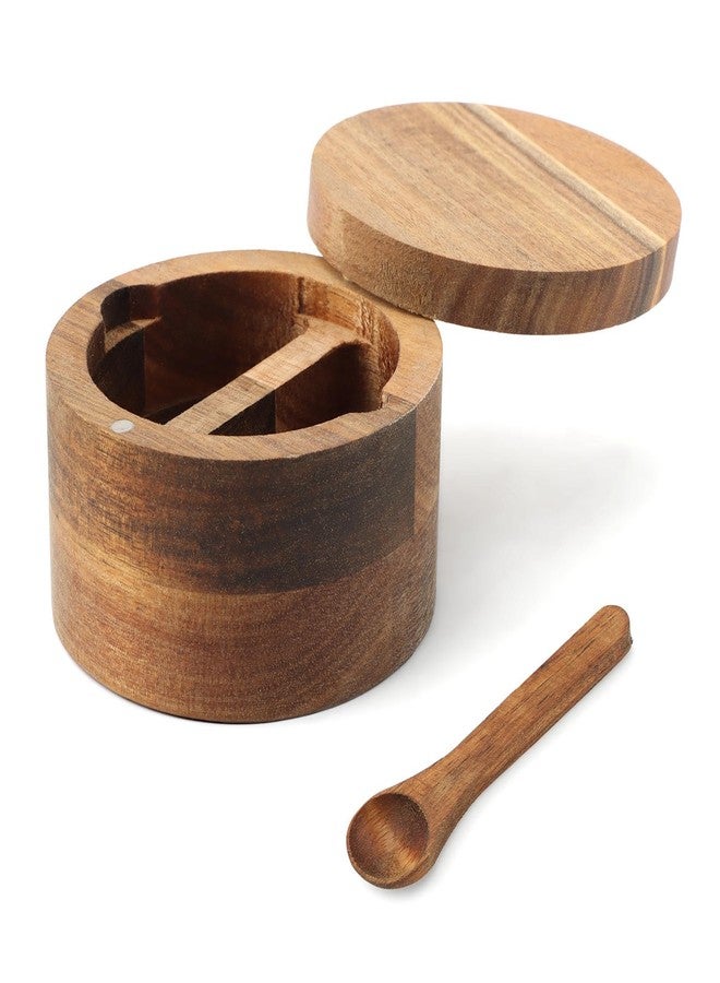 Restynic Wood Salt & Pepper Bowl with Magnetic Swivel Lid - Built-in Spoon, Natural Wood Grain, for Kitchen Spice Storage or Gifting(COLOR:Two Compartment) - Image 2