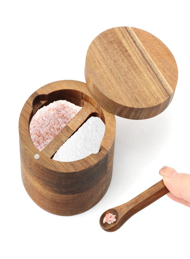 Restynic Wood Salt & Pepper Bowl with Magnetic Swivel Lid - Built-in Spoon, Natural Wood Grain, for Kitchen Spice Storage or Gifting(COLOR:Two Compartment) - Image 1