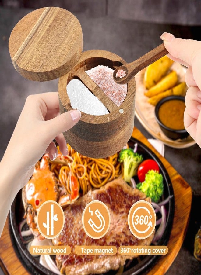 Restynic Wood Salt & Pepper Bowl with Magnetic Swivel Lid - Built-in Spoon, Natural Wood Grain, for Kitchen Spice Storage or Gifting(COLOR:Two Compartment) - Image 5