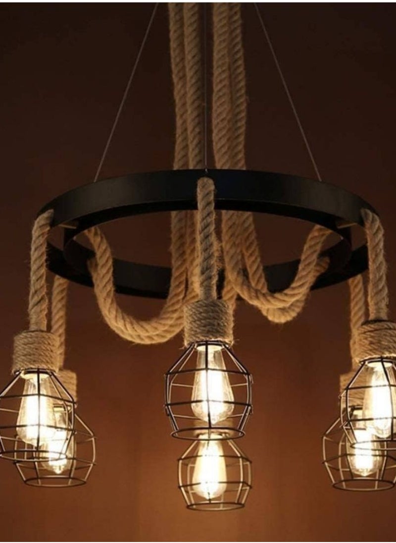 Generic Chandelier Vintage 6-lights  holder E27 Base Long Hemp Rope Hollow Pendent Light With Iron Cage Lampshade ( Bulb not included )  - Image 1