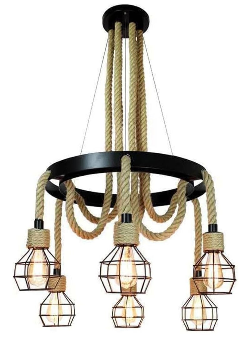 Generic Chandelier Vintage 6-lights  holder E27 Base Long Hemp Rope Hollow Pendent Light With Iron Cage Lampshade ( Bulb not included )  - Image 2