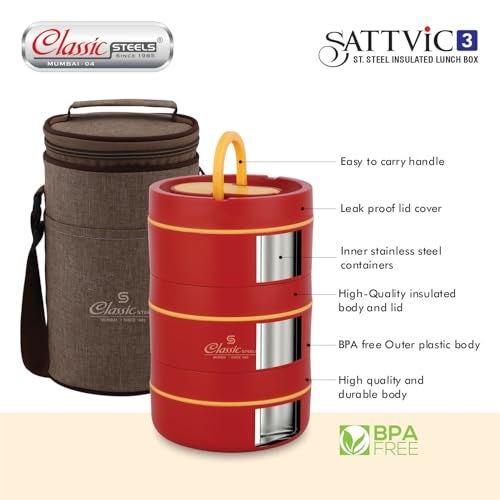Classic Steels Sattvic Insulated Stainless Steel Lunch Box 3 Containers 350 ml Each & 1 Spoon | Microwave Safe | Leak Proof Air Tight Hot Lunch Box| Keep Your Meal Fresh and Hot Upto 4 Hours - Image 2