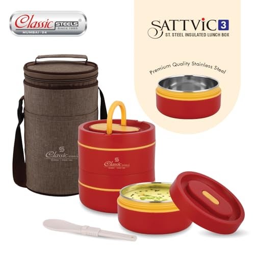 Classic Steels Sattvic Insulated Stainless Steel Lunch Box 3 Containers 350 ml Each & 1 Spoon | Microwave Safe | Leak Proof Air Tight Hot Lunch Box| Keep Your Meal Fresh and Hot Upto 4 Hours - Image 5