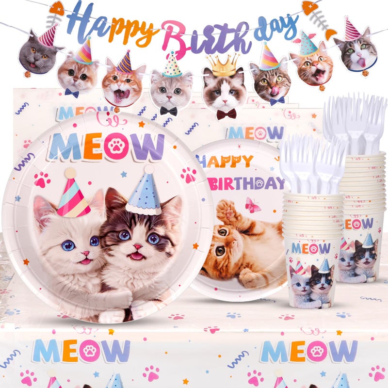 Atonofun Cat Party Plates, Cat Plates and Napkins Party Supplies, Disposable Plates, Cups, Napkins, Cutlery and Tablecloth for Cat Themed Birthday Party Decorations Serves 24, White - Image 1