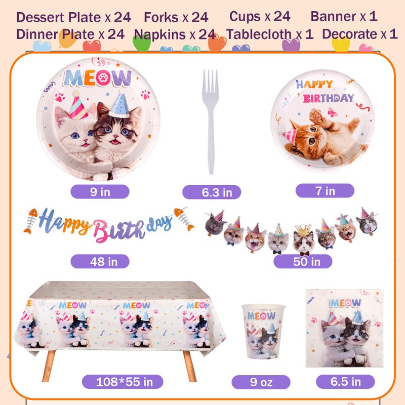 Atonofun Cat Party Plates, Cat Plates and Napkins Party Supplies, Disposable Plates, Cups, Napkins, Cutlery and Tablecloth for Cat Themed Birthday Party Decorations Serves 24, White - Image 2