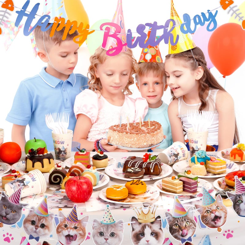 Atonofun Cat Party Plates, Cat Plates and Napkins Party Supplies, Disposable Plates, Cups, Napkins, Cutlery and Tablecloth for Cat Themed Birthday Party Decorations Serves 24, White - Image 5