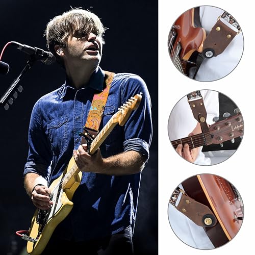 Nefelibata Guitar Strap,Crazy Horse Leather Jacquard Embroidery Cotton Guitar Straps for Bass, Electric & Acoustic, Best Gifts for Guitarists(Golden Silk Golden Flower) - Image 2