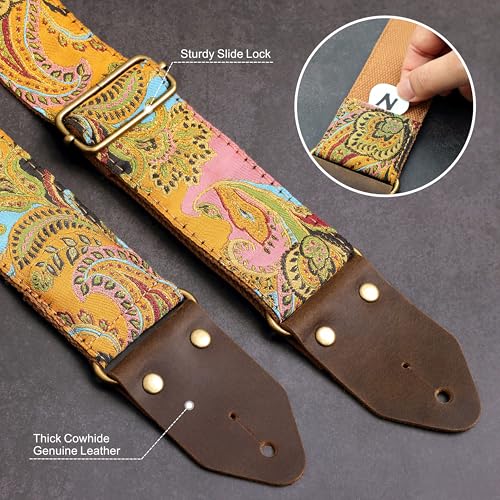 Nefelibata Guitar Strap,Crazy Horse Leather Jacquard Embroidery Cotton Guitar Straps for Bass, Electric & Acoustic, Best Gifts for Guitarists(Golden Silk Golden Flower) - Image 3