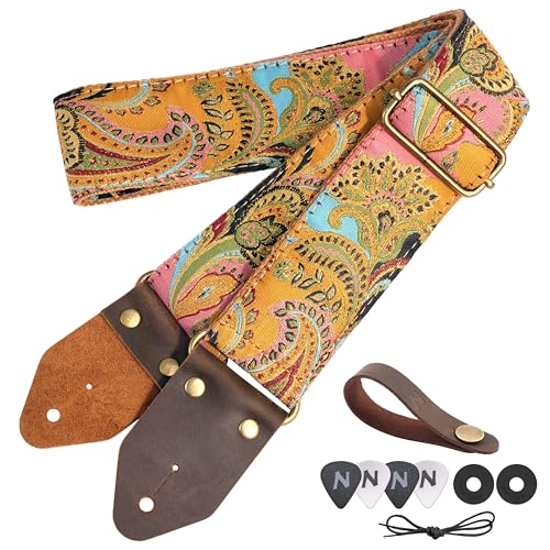 Nefelibata Guitar Strap,Crazy Horse Leather Jacquard Embroidery Cotton Guitar Straps for Bass, Electric & Acoustic, Best Gifts for Guitarists(Golden Silk Golden Flower) - Image 1