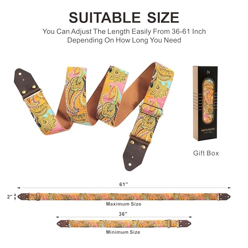 Nefelibata Guitar Strap,Crazy Horse Leather Jacquard Embroidery Cotton Guitar Straps for Bass, Electric & Acoustic, Best Gifts for Guitarists(Golden Silk Golden Flower) - Image 5