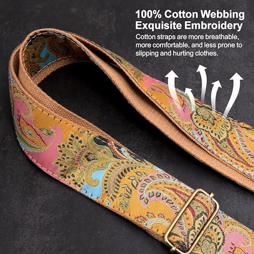 Nefelibata Guitar Strap,Crazy Horse Leather Jacquard Embroidery Cotton Guitar Straps for Bass, Electric & Acoustic, Best Gifts for Guitarists(Golden Silk Golden Flower) - Image 4