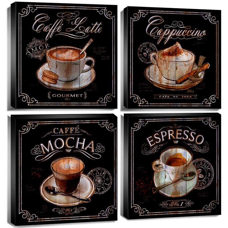 Kitchen Wall Art Coffee Wall Art Vintage Brown Black Cafe Pictures Dining Room Bar Wall Decor Fireplace Sign Bean Modern Artwork Canvas Coffee Shop Painting Family Restaurant Home Decoration 12x12 4P