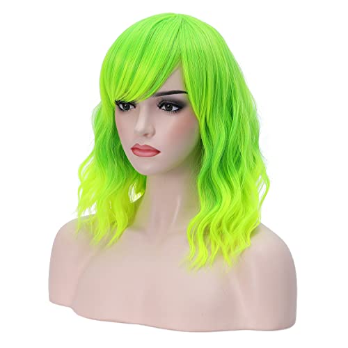 BERON 14 Inches Lime Green Wig Womens Green Curly Light Green with Bangs for Women Halloween Cosplay Wig for Daily Use Synthetic Wigs Lime Green - Image 3
