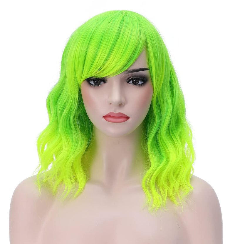 BERON 14 Inches Lime Green Wig Womens Green Curly Light Green with Bangs for Women Halloween Cosplay Wig for Daily Use Synthetic Wigs Lime Green - Image 2