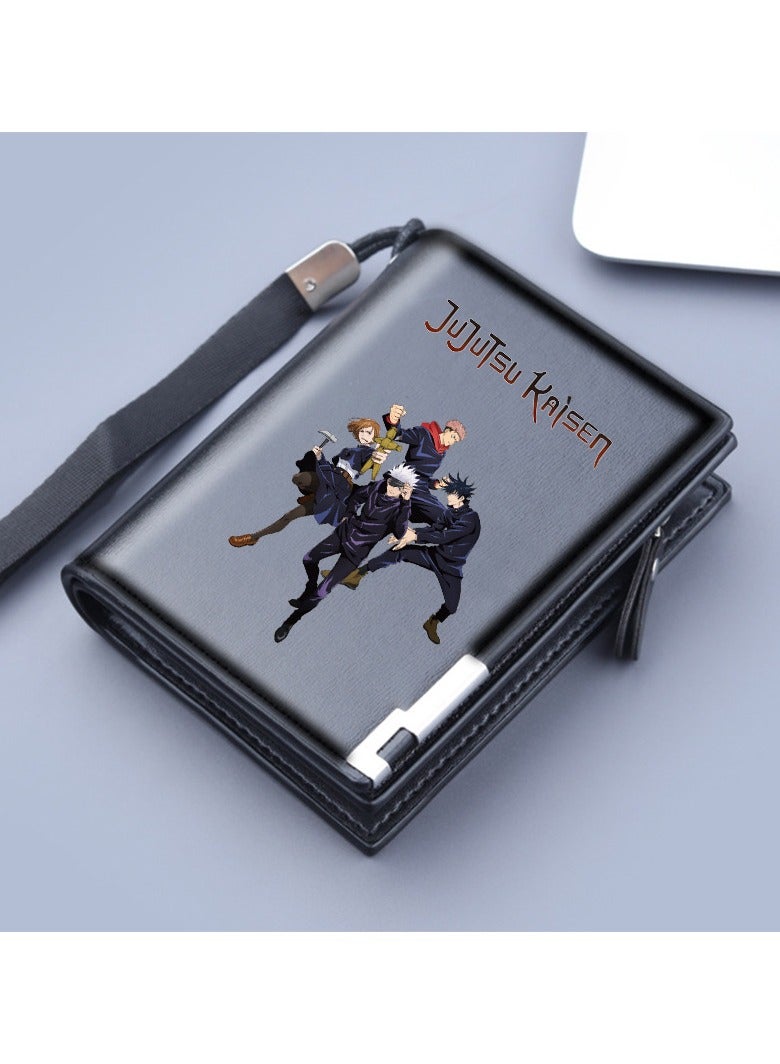 عام محفظة رجالية قصيرة من سلسلة "Jujutsu Kaisen"، محفظة بسحاب جلدية للرجال، محفظة رجالية ذات سعة كبيرة، تجمع بين محفظة النقود وحامل البطاقات.