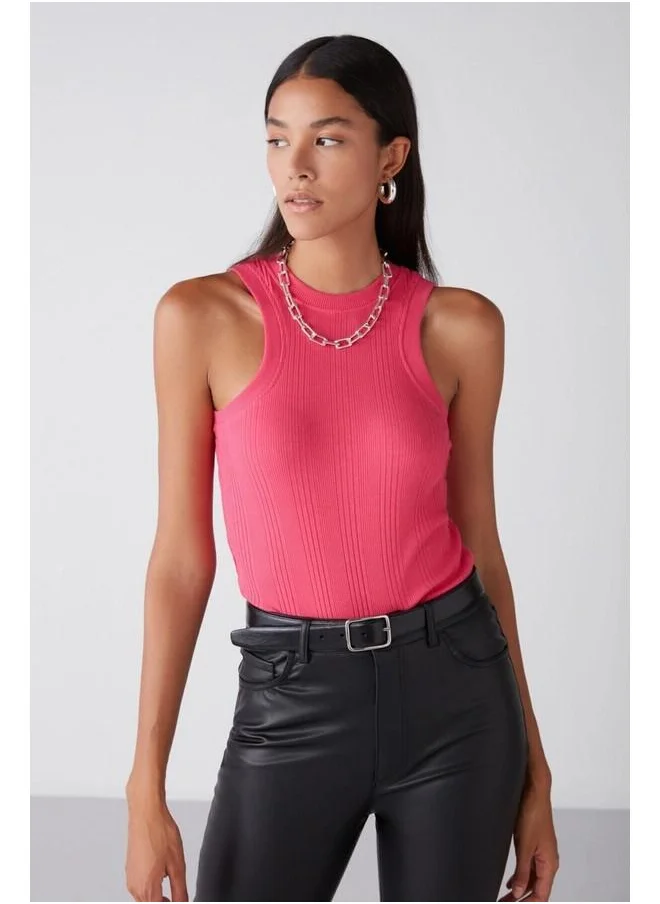 جريميلانج Janette Women's Halter Neck Irregular Ribbed Stretch Fabric Bodycon Fuchsia Tank Top