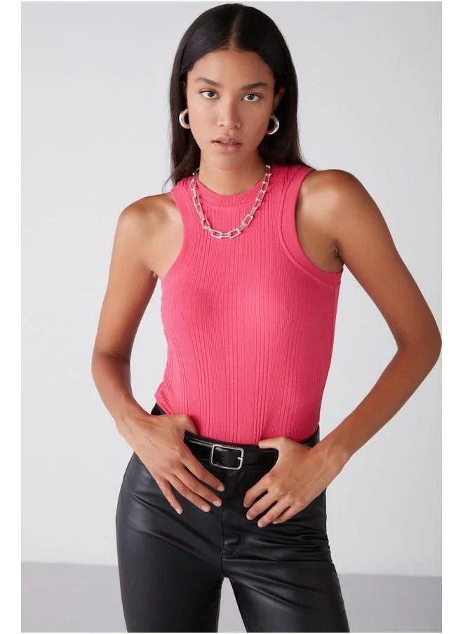 جريميلانج Janette Women's Halter Neck Irregular Ribbed Stretch Fabric Bodycon Fuchsia Tank Top