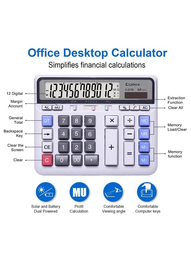 COMIX Desktop Calculator Solar Battery Dual Power with 12-Digit Large LCD Display and Large Computer Keys Office Calculator for Home Office School - Image 2